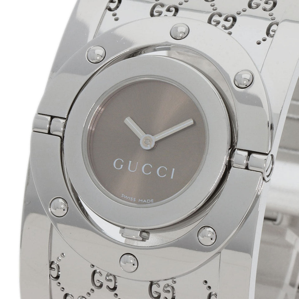Gucci Watches Quartz YA112 Stainless Steel , Stainless Steel Silver Twirl Wide Bangle Brown dial Women