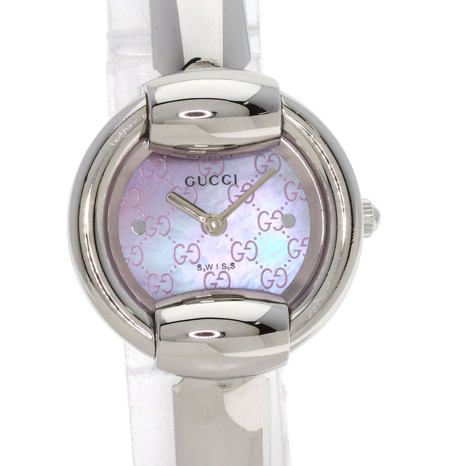 Gucci Watches Quartz 1400L Stainless Steel , Stainless Steel Silver Round Face GG Pink Shell Bangle Pink shell dial Women