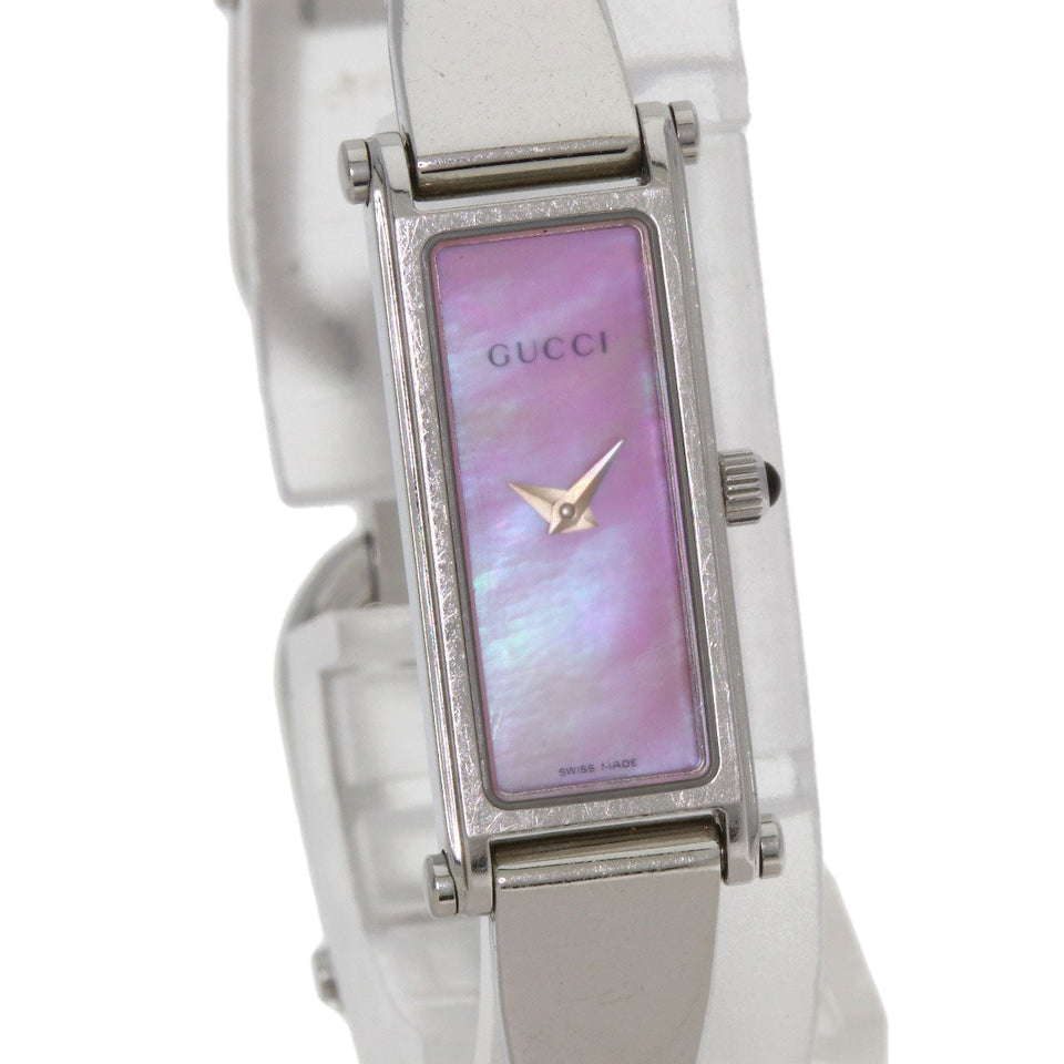 Gucci Watches Quartz 1500L Stainless Steel Silver Square Face Bangle with Pink Shell Pink shell dial