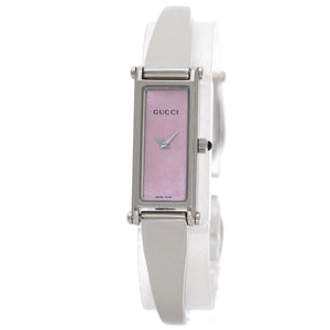 Gucci Watches Quartz 1500L Stainless Steel Silver Square Face Bangle with Pink Shell Pink shell dial