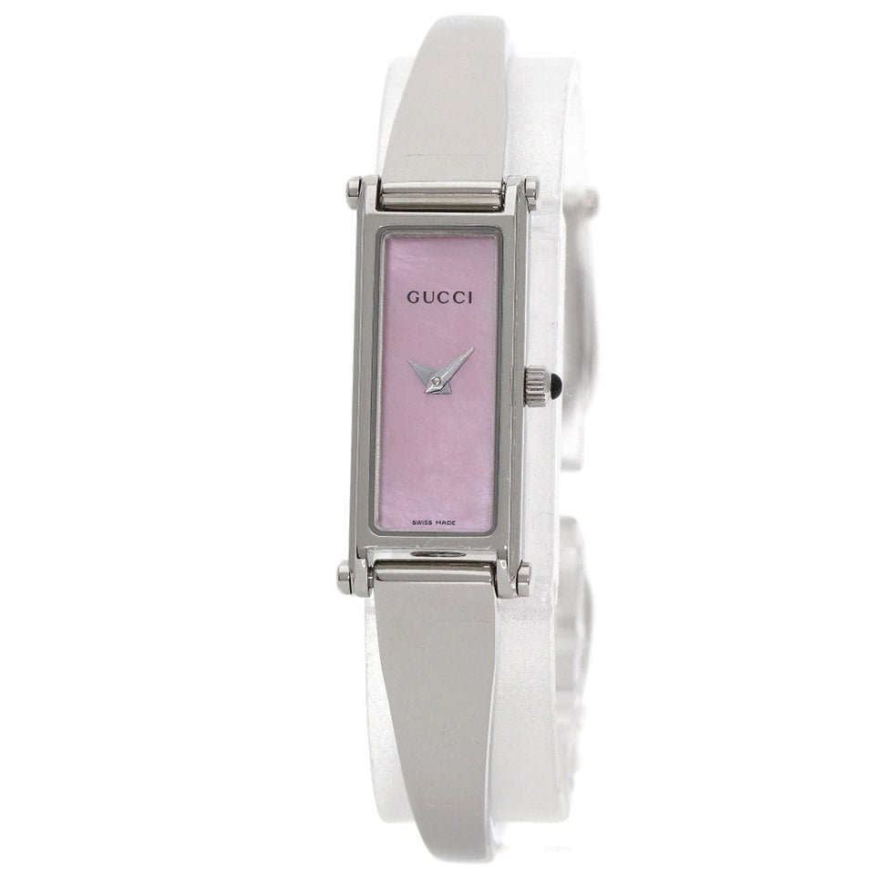 Gucci Watches Quartz 1500L Stainless Steel Silver Square Face Bangle with Pink Shell Pink shell dial
