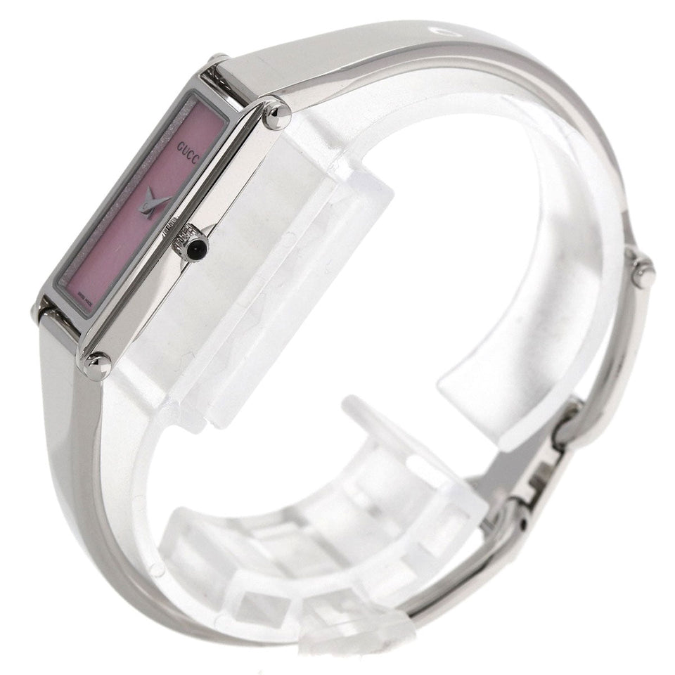 Gucci Watches Quartz 1500L Stainless Steel Silver Square Face Bangle with Pink Shell Pink shell dial