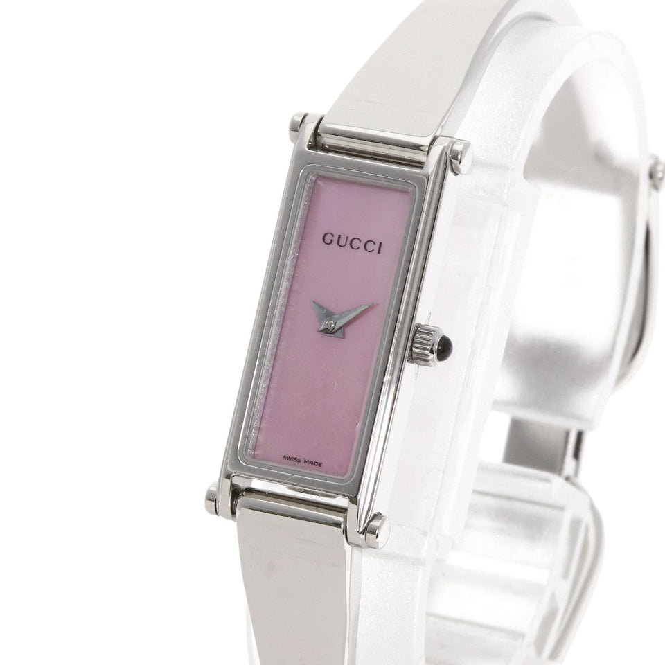 Gucci Watches Quartz 1500L Stainless Steel Silver Square Face Bangle with Pink Shell Pink shell dial