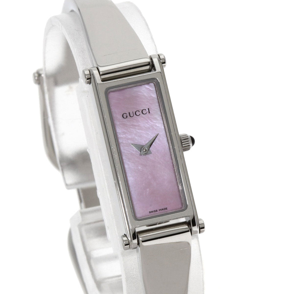 Gucci Watches Quartz 1500L Stainless Steel Silver Square Face Bangle with Pink Shell Pink shell dial