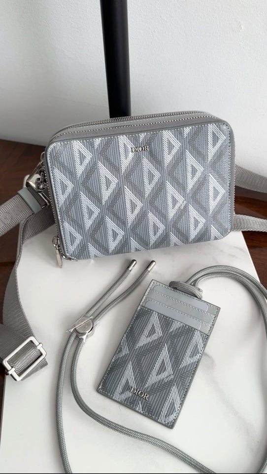 Dior CD Diamond Print Grey Coated Canvas  Holder on Lanyard