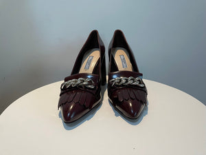 Prada Merlot Kiltie Chain Patent Leather Block-heel Pumps 39