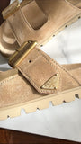 Prada Double Buckle Beige Suede Flat Slide Sandals - 36.5 (fits like 37)