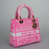 Christian Dior Canvas Toile De Jouy Reverse Embroidered Medium Lady D-Lite in Fluorescent Pink