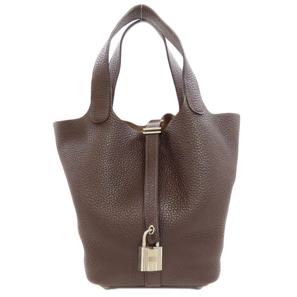 Hermes Handbag Taurillon Clemence Brown Picotin Lock PM SilverMetal Women