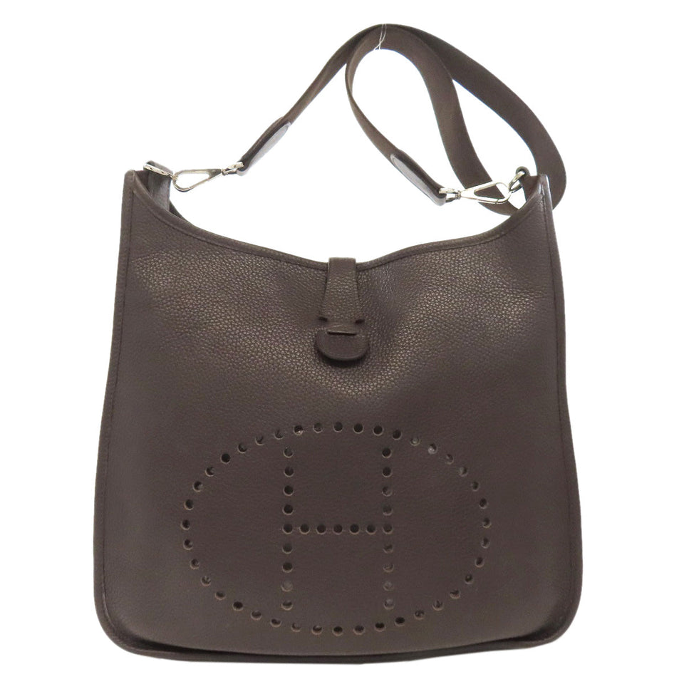 Hermes Shoulder Bag Taurillon Clemence Brown Evelyn 1 GM Silver Metal