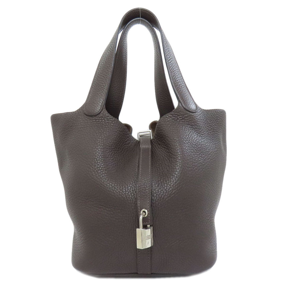 Hermes Handbag Taurillon Clemence Brown Picotin Lock MM SilverMetal