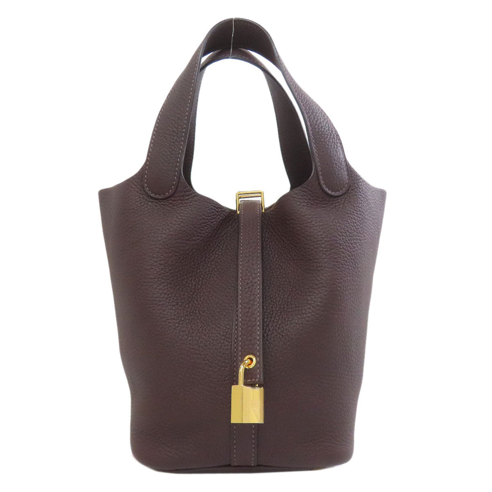 Hermes Handbag Taurillon Clemence Brown Picotin Lock PM Gold Metal