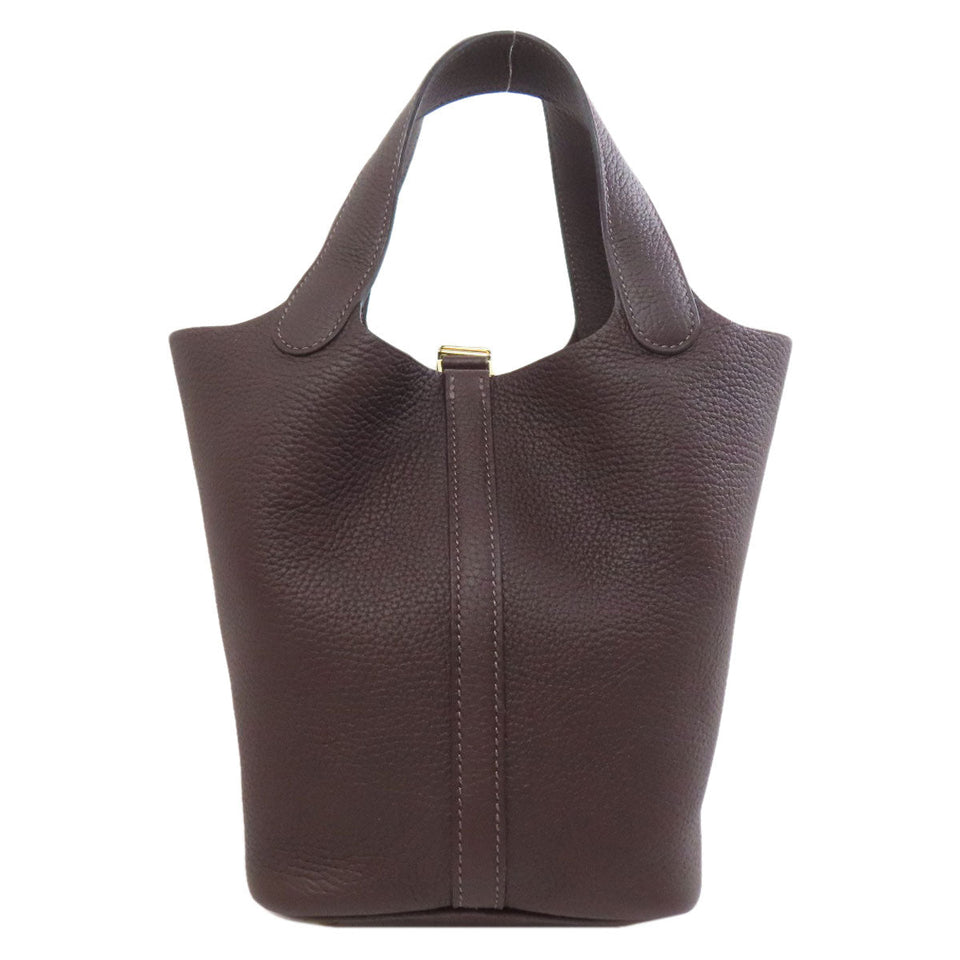 Hermes Handbag Taurillon Clemence Brown Picotin Lock PM Gold Metal