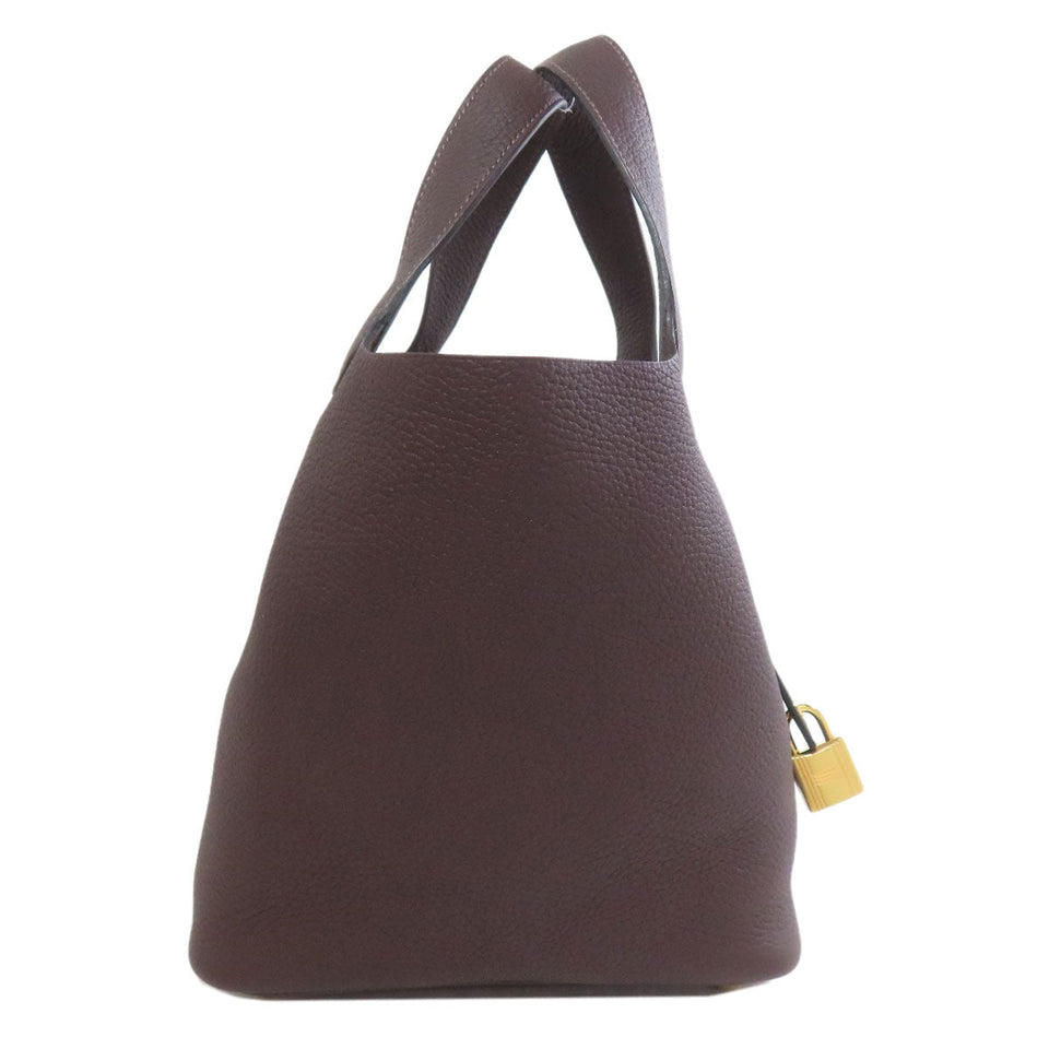 Hermes Handbag Taurillon Clemence Brown Picotin Lock PM Gold Metal