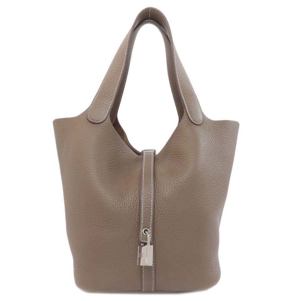 Hermes Handbag Taurillon Clemence Brown Picotin Lock MM SilverMetal