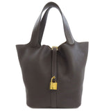 Hermes Handbag Taurillon Clemence Brown Picotin Lock MM Gold Metal