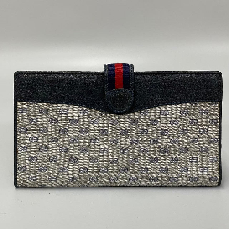 Gucci Long Wallet Purse Leather, PVC Navy Sherry Line Micro GG Women