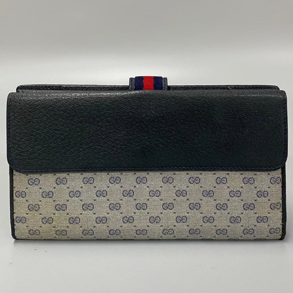 Gucci Long Wallet Purse Leather, PVC Navy Sherry Line Micro GG Women