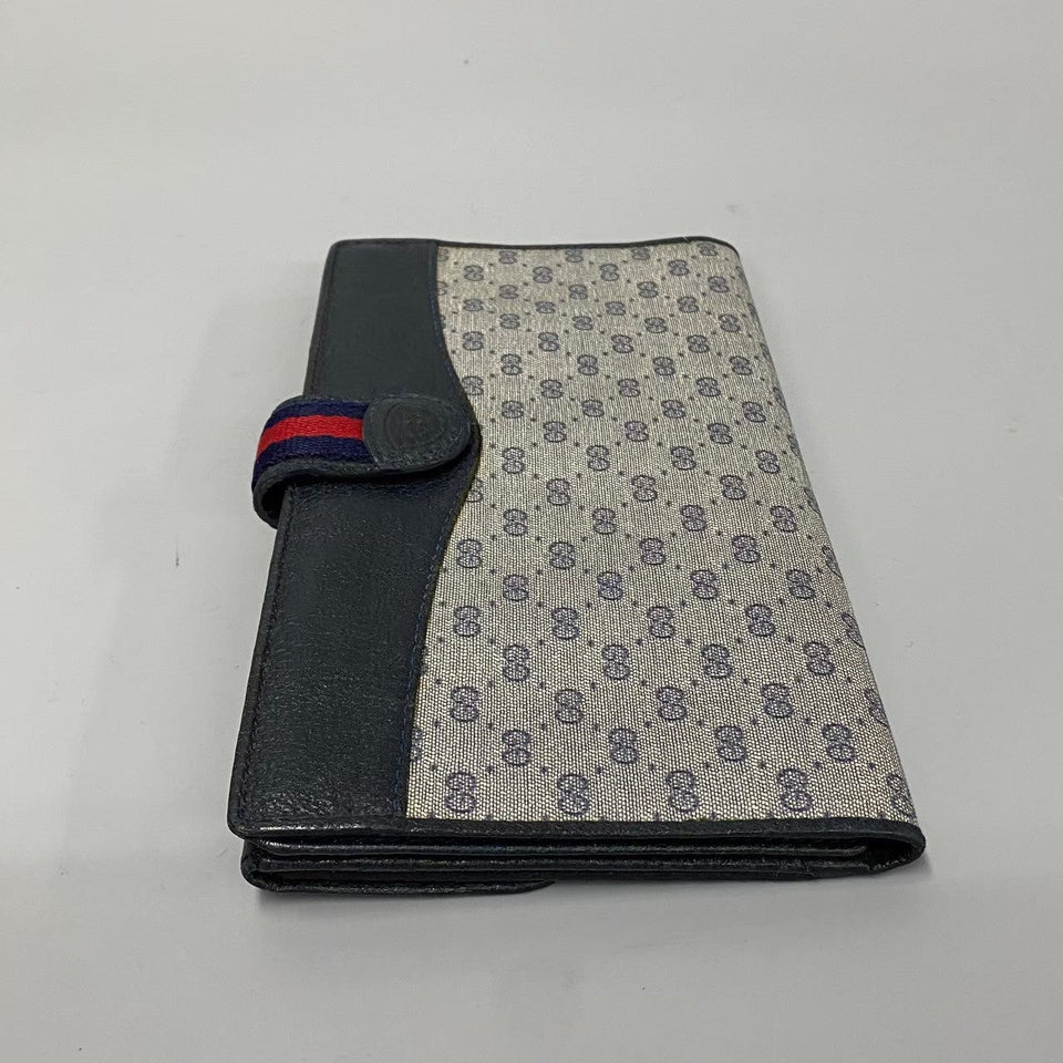 Gucci Long Wallet Purse Leather, PVC Navy Sherry Line Micro GG Women