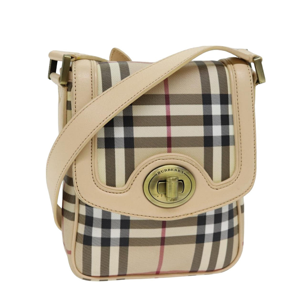Luxury Burberry Shoulder Bag PVC Leather Beige Red Auth 77768
