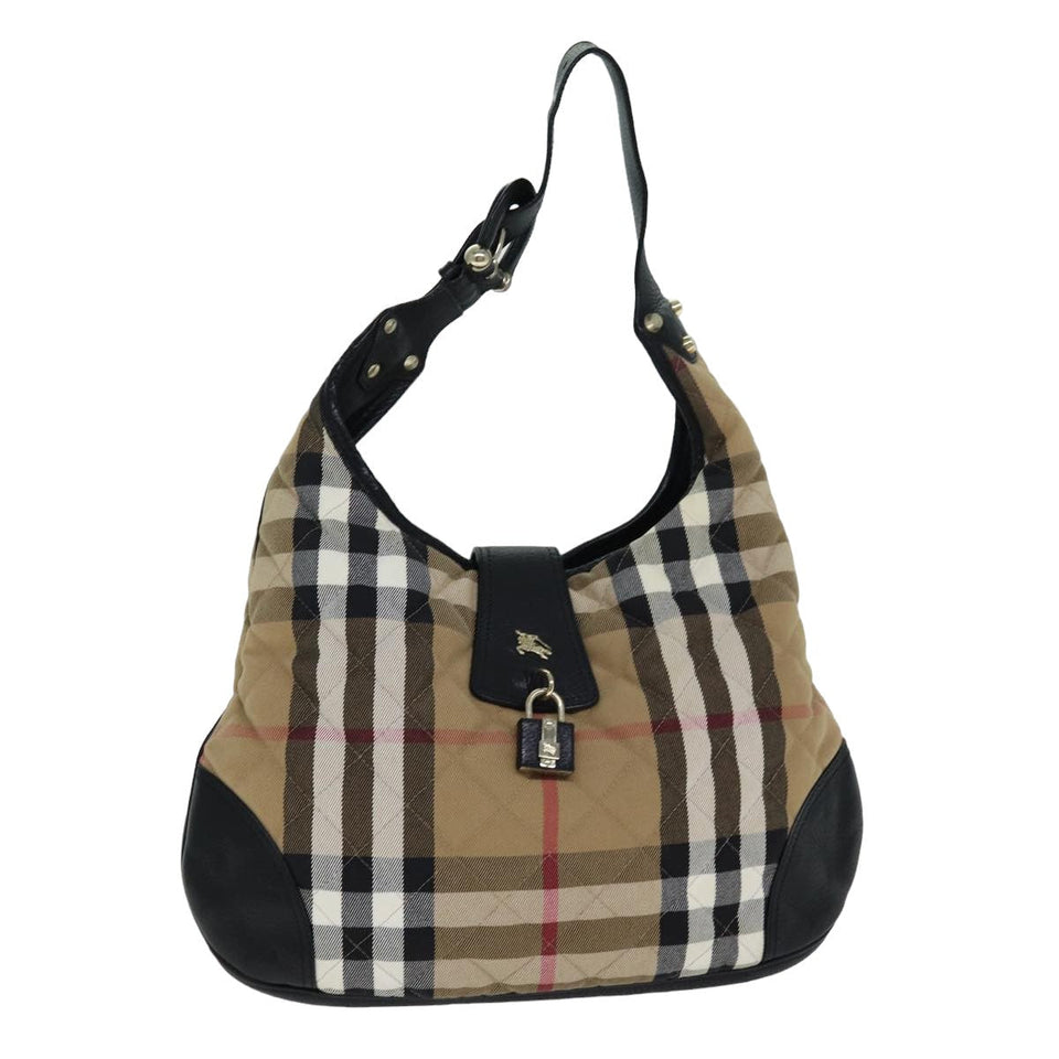 Luxury Burberry Nova Check Shoulder Bag Canvas Leather Beige Black Auth 77769