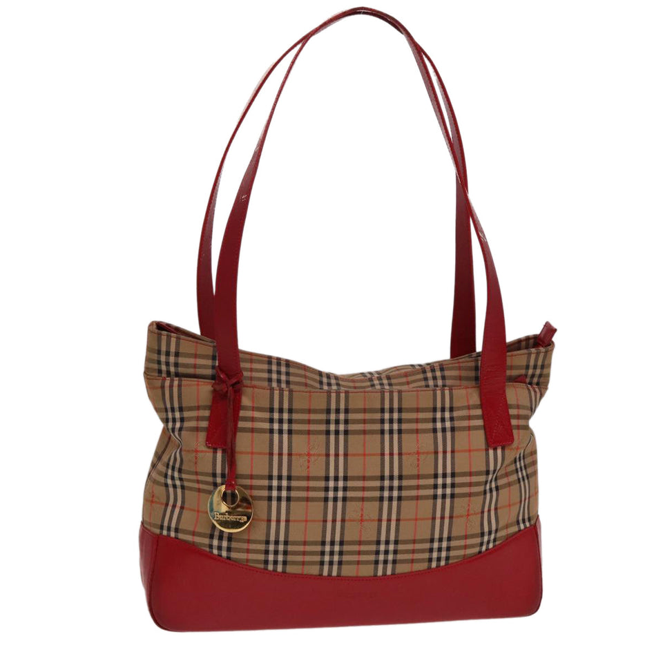 Luxury BurberrySs Nova Check Tote Bag Canvas Beige Red Auth 78424