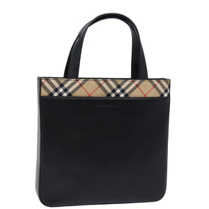 Luxury Burberry Nova Check Hand Bag Nylon Leather Beige Black Auth 78540
