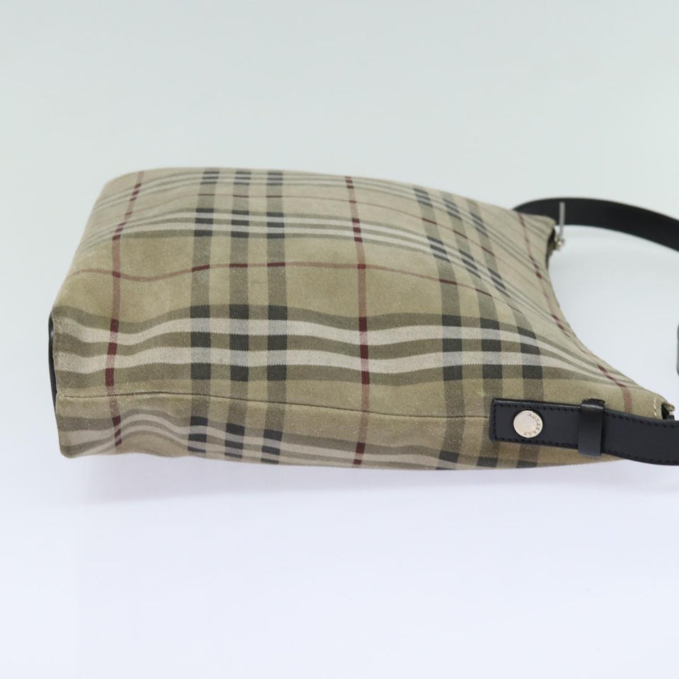 Luxury Burberry Nova Check Shoulder Bag Suede Beige Black Auth 78849