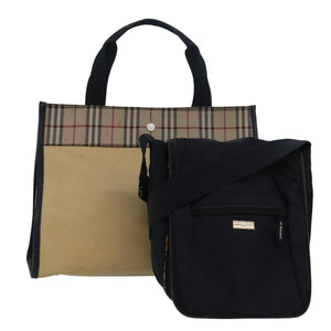 Luxury Burberry Nova Check Hand Bag Nylon 2Set Beige Black Auth 79786