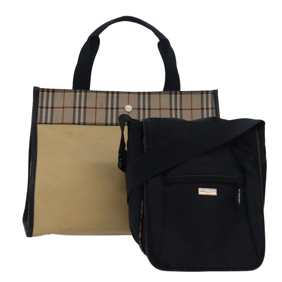 Luxury Burberry Nova Check Hand Bag Nylon 2Set Beige Black Auth 79786