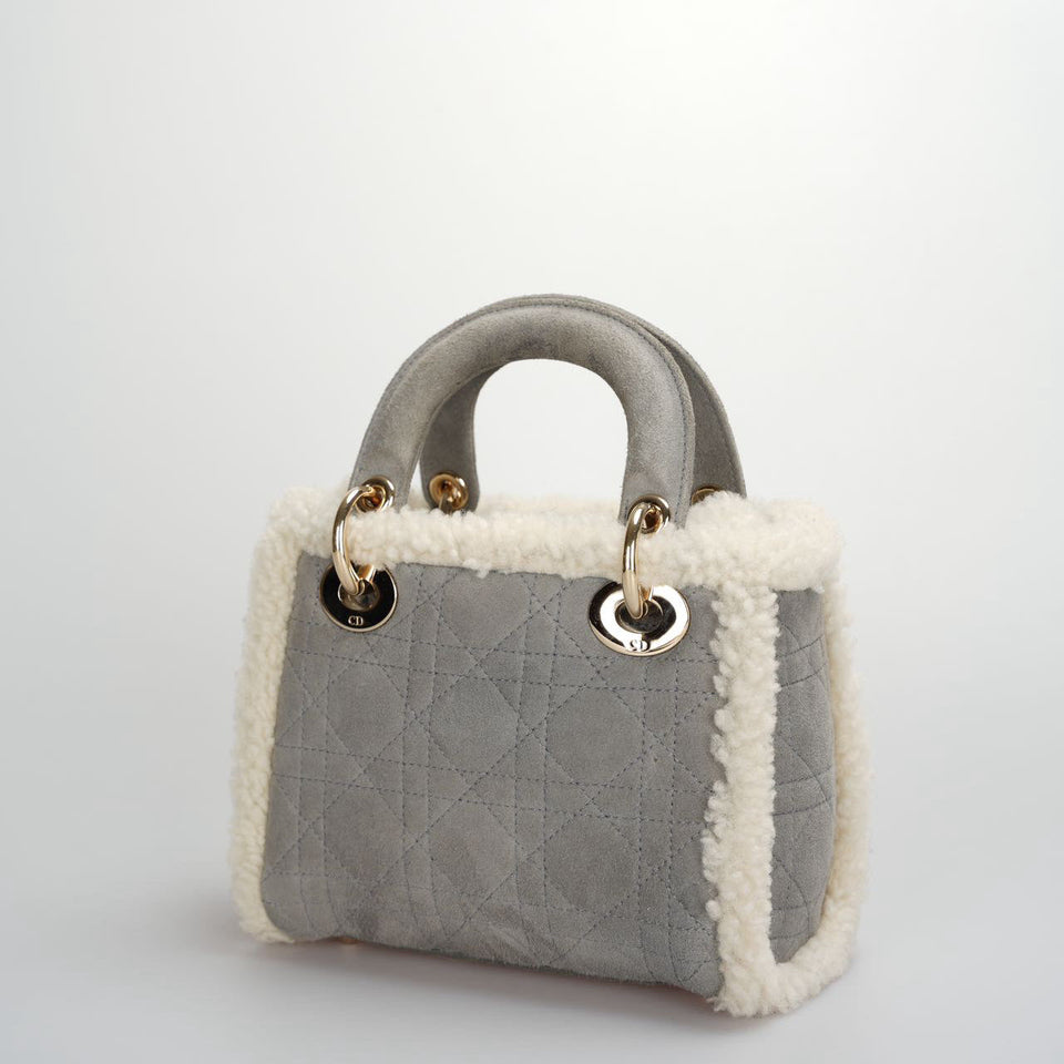 Christian Dior Lady Dior  2020 Mini Suede Shearling Cannage Lady Dior satchel