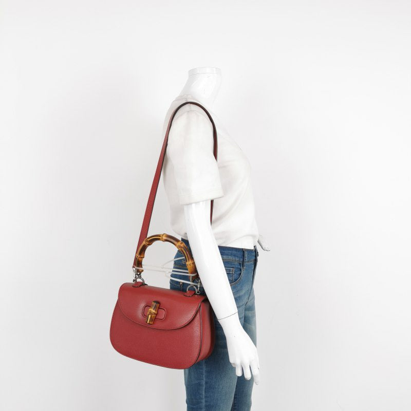 Gucci Bamboo 1947 Top Handle Bag Leather Small Red Burgundy with Strap