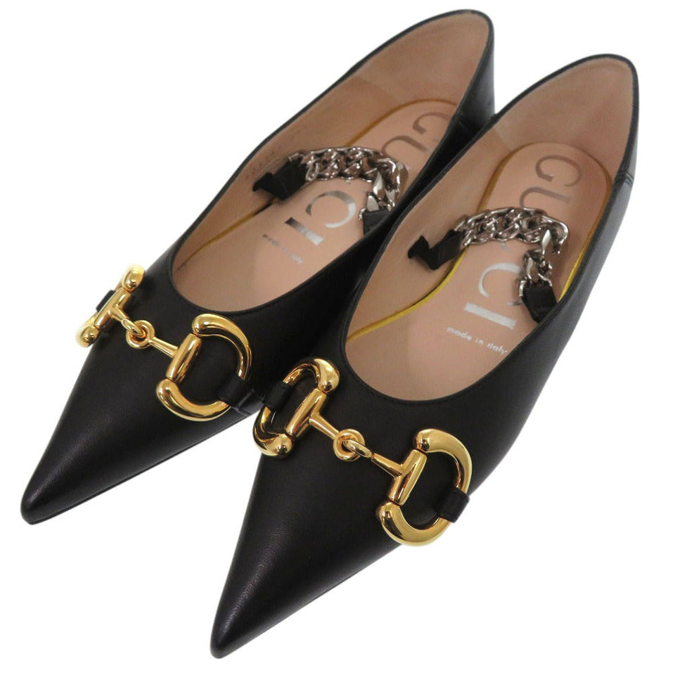 Gucci pumps 621161 leather black Chain pointed toe flats Horsebit Women 34 1/2