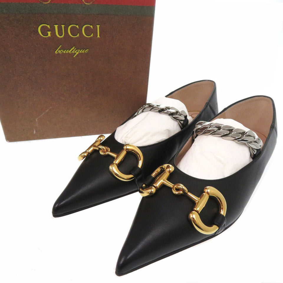 Gucci pumps 621161 leather black Chain pointed toe flats Horsebit Women 34 1/2