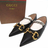 Gucci pumps 621161 leather black Chain pointed toe flats Horsebit Women 34 1/2
