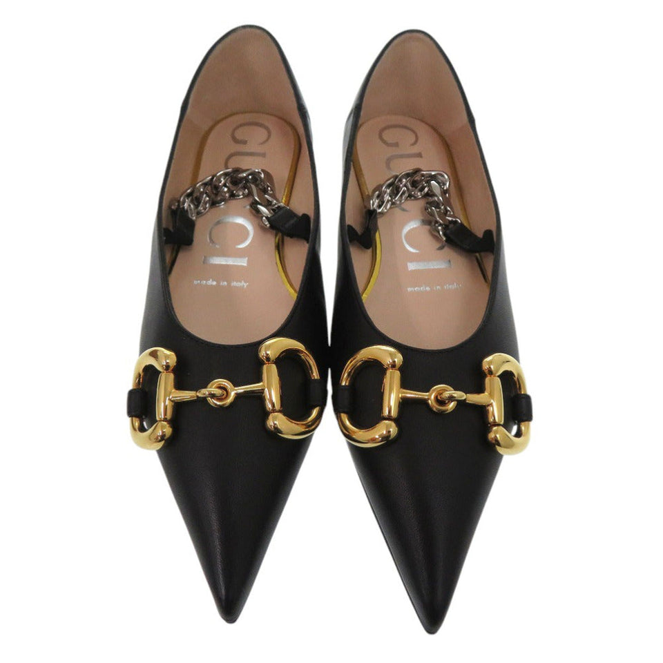 Gucci pumps 621161 leather black Chain pointed toe flats Horsebit Women 34 1/2