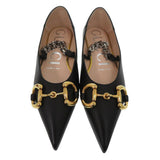 Gucci pumps 621161 leather black Chain pointed toe flats Horsebit Women 34 1/2