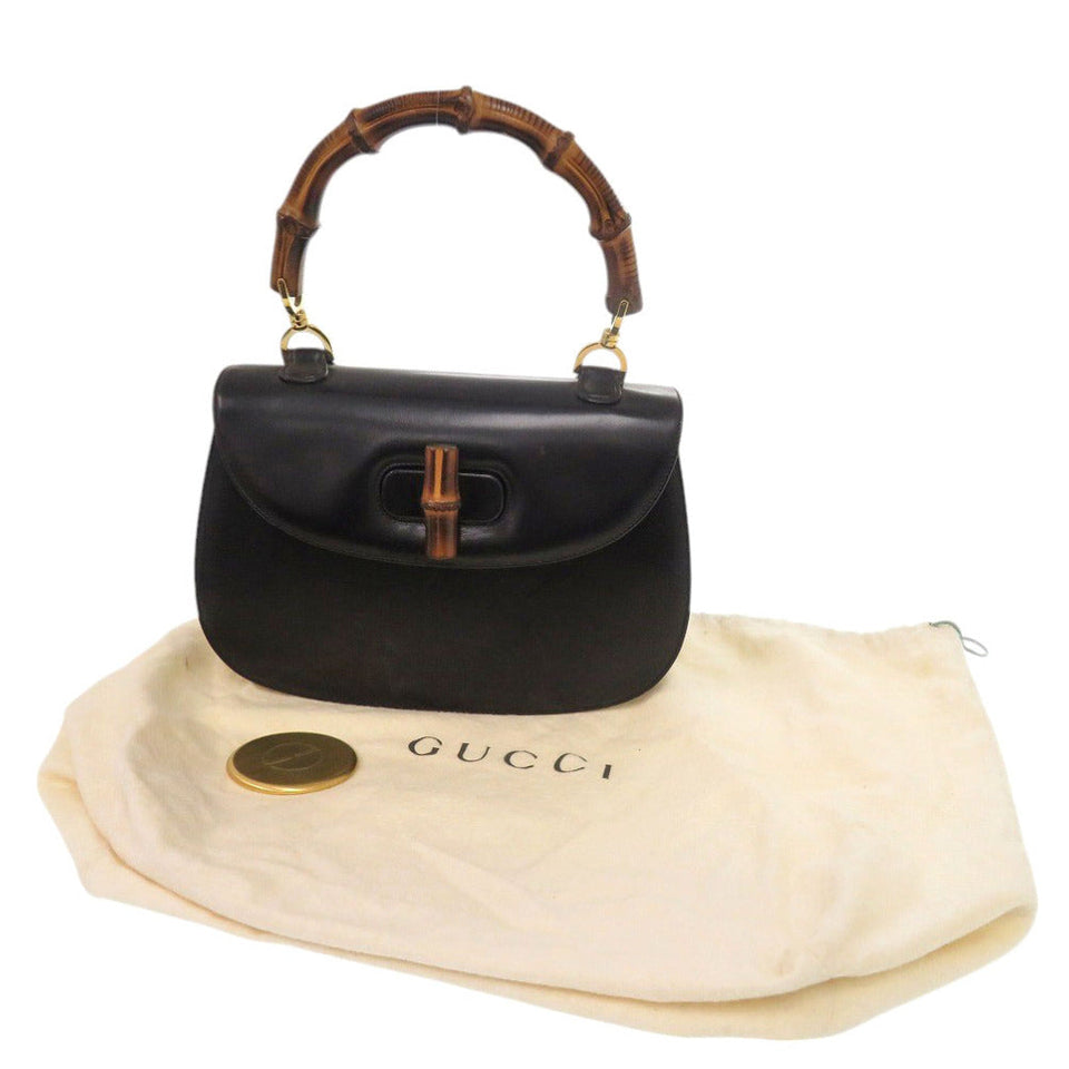 Gucci Handbag leather black Bamboo Turnlock Vintage Women