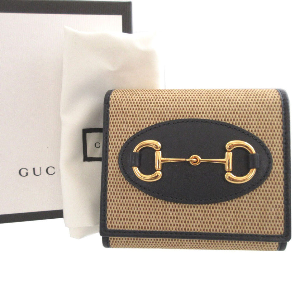 Gucci Bifold Wallet 621891 Canvas, Leather beige Compact wallet Horsebit 1955 Women