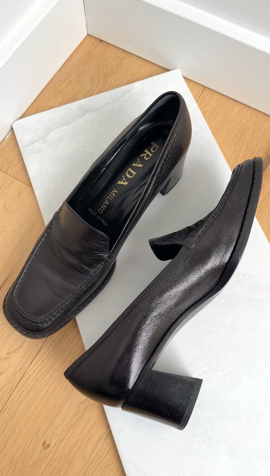 Prada Black Glossed Leather Block Heel Loafers - 39.5