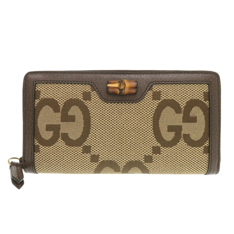 Gucci Long Wallet Purse 658634 Canvas, Leather Brown Jumbo GG Bamboo Women