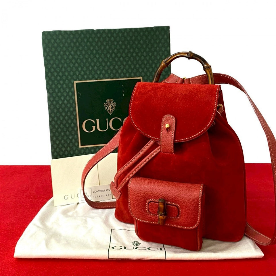 Gucci Backpack Suede Red Bamboo