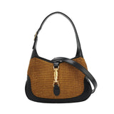 Gucci Jackie 1961 Beige Camel Wicker Bag Black Leather Gold Hardware Leather Strap