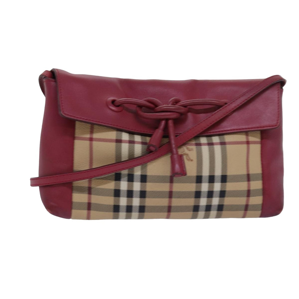 Luxury Burberry Nova Check Shoulder Bag PVC Leather Beige Red Auth 80259