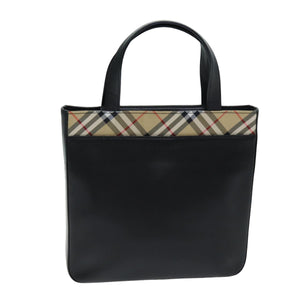 Luxury Burberry Nova Check Hand Bag Leather Canvas Black Beige Auth 81655