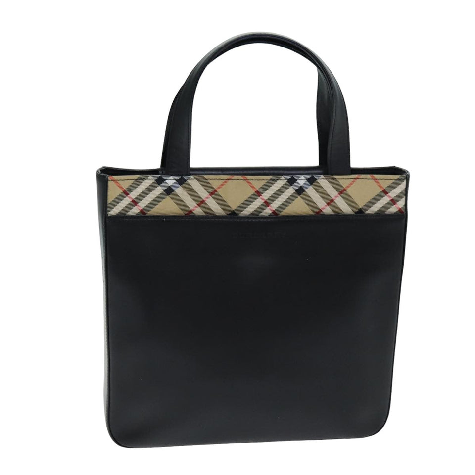 Luxury Burberry Nova Check Hand Bag Leather Canvas Black Beige Auth 81655