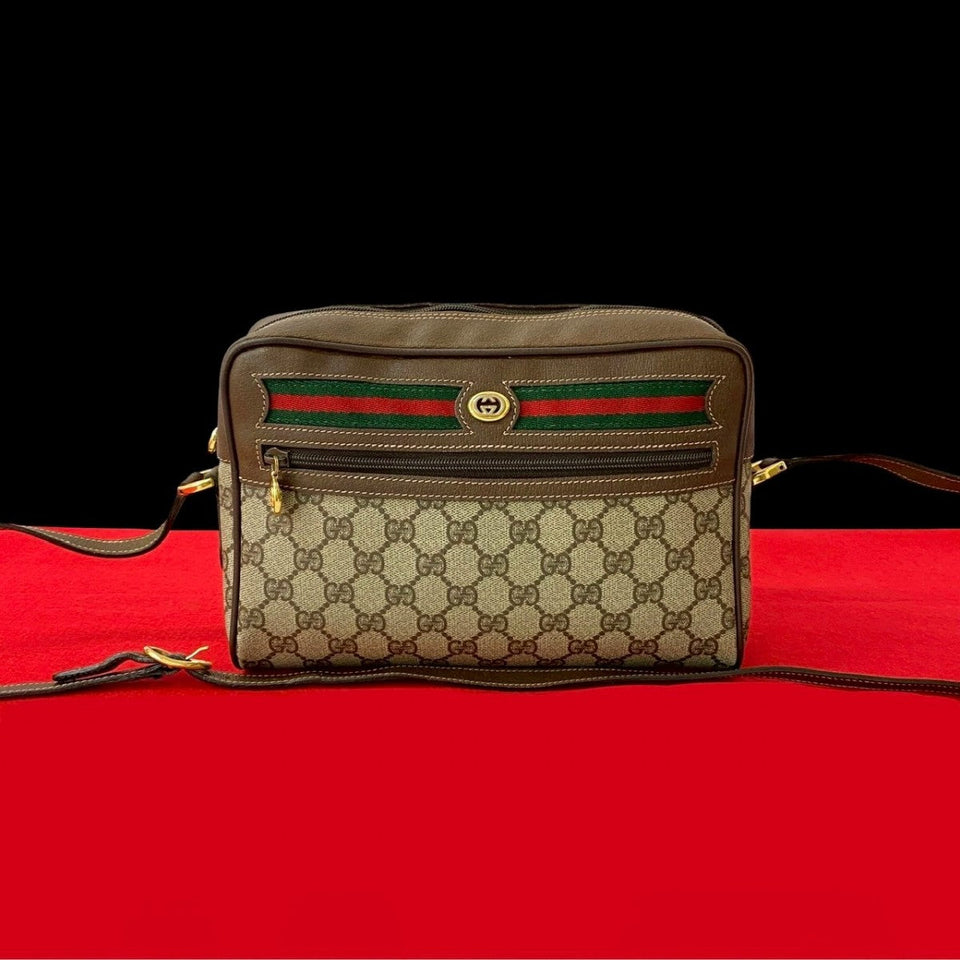 Gucci Shoulder Bag Leather, PVC Brown GG logo Metal Sherry line Women