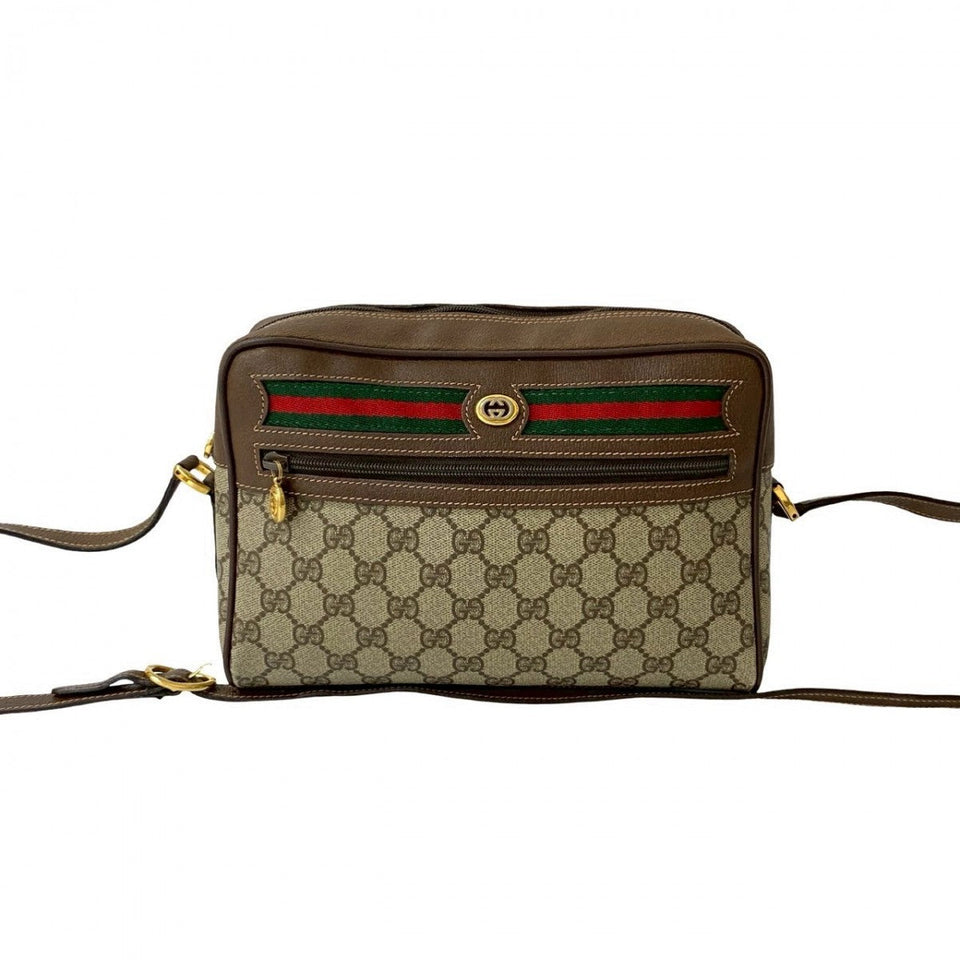 Gucci Shoulder Bag Leather, PVC Brown GG logo Metal Sherry line Women