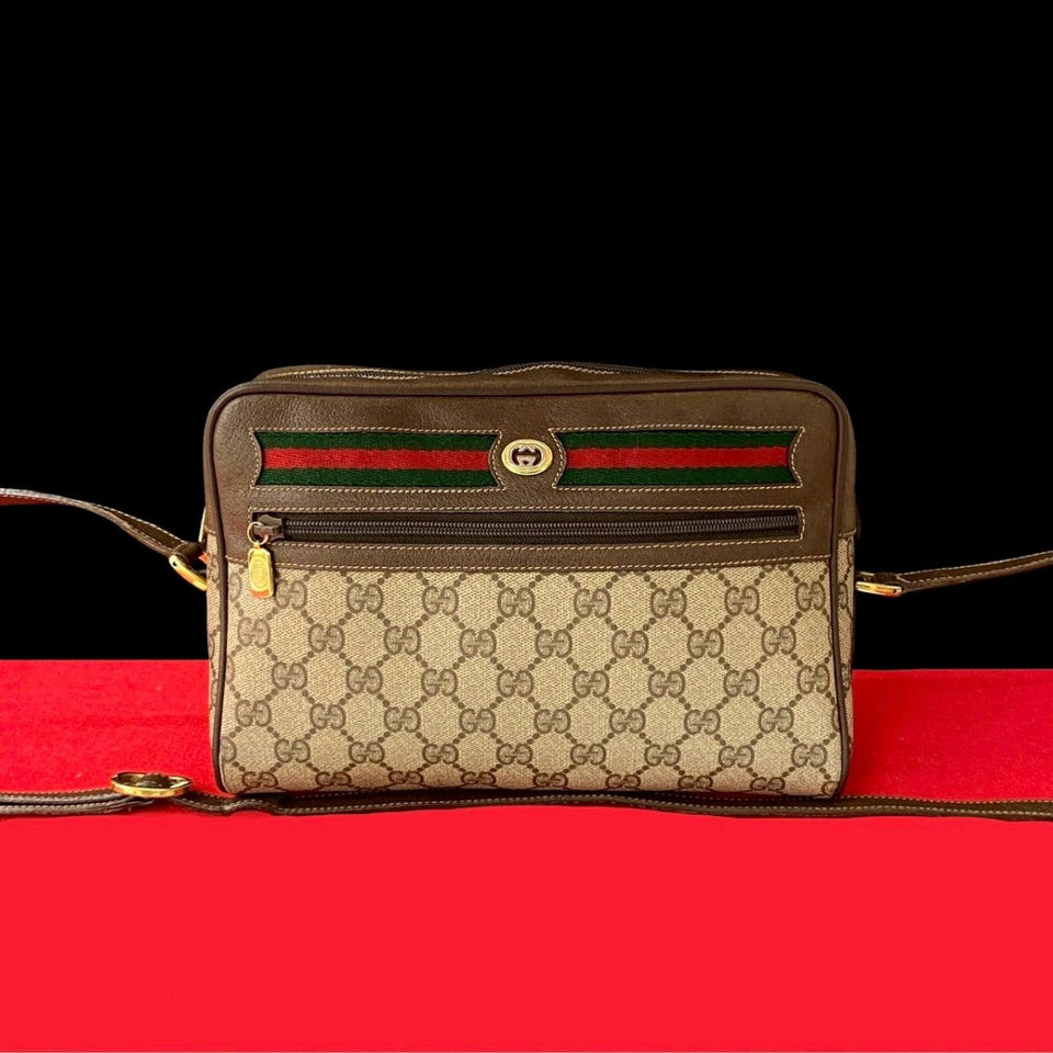 Gucci Shoulder Bag Leather, PVC Brown GG logo Metal Sherry line Women