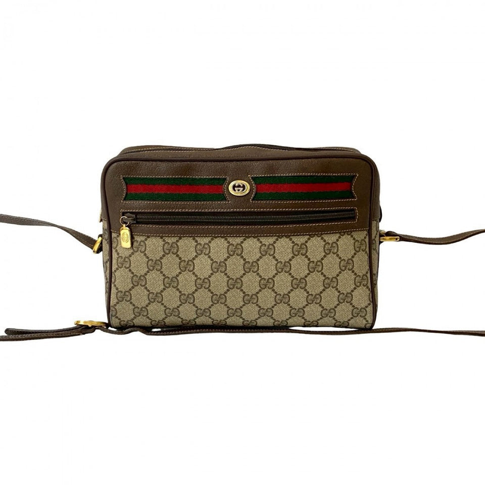 Gucci Shoulder Bag Leather, PVC Brown GG logo Metal Sherry line Women